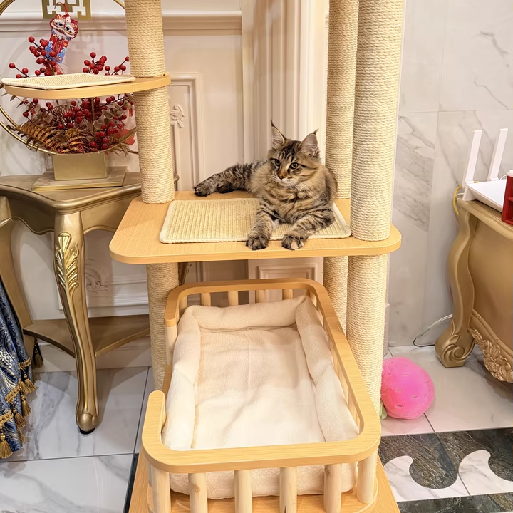 Modern Scandinavian 4-Tier Solid Wood Cat Tree with Velvet Fabric-Orizon Depot