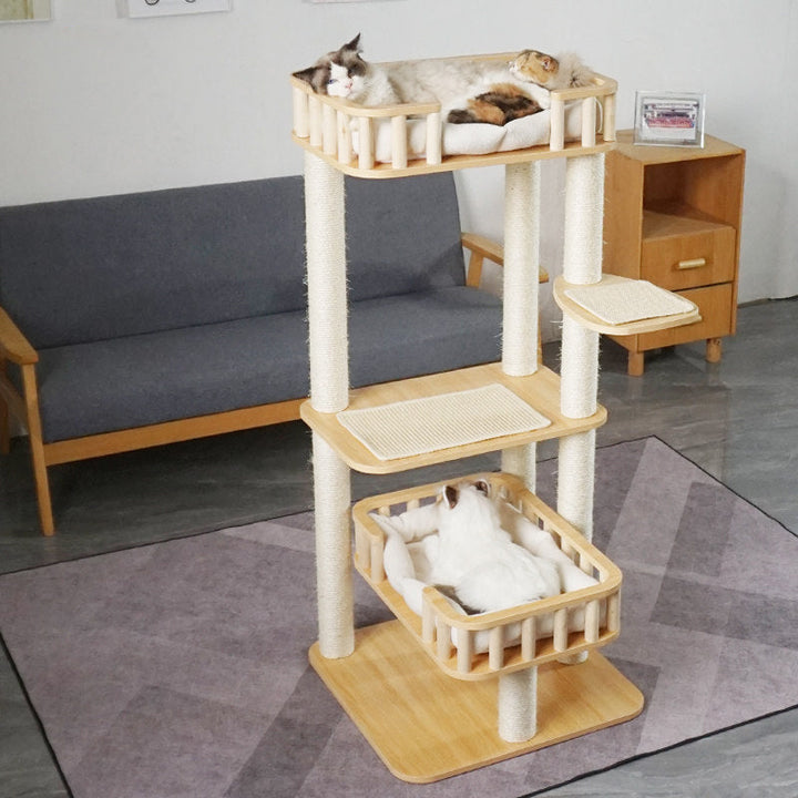 Modern Scandinavian 4-Tier Solid Wood Cat Tree with Velvet Fabric-Orizon Depot