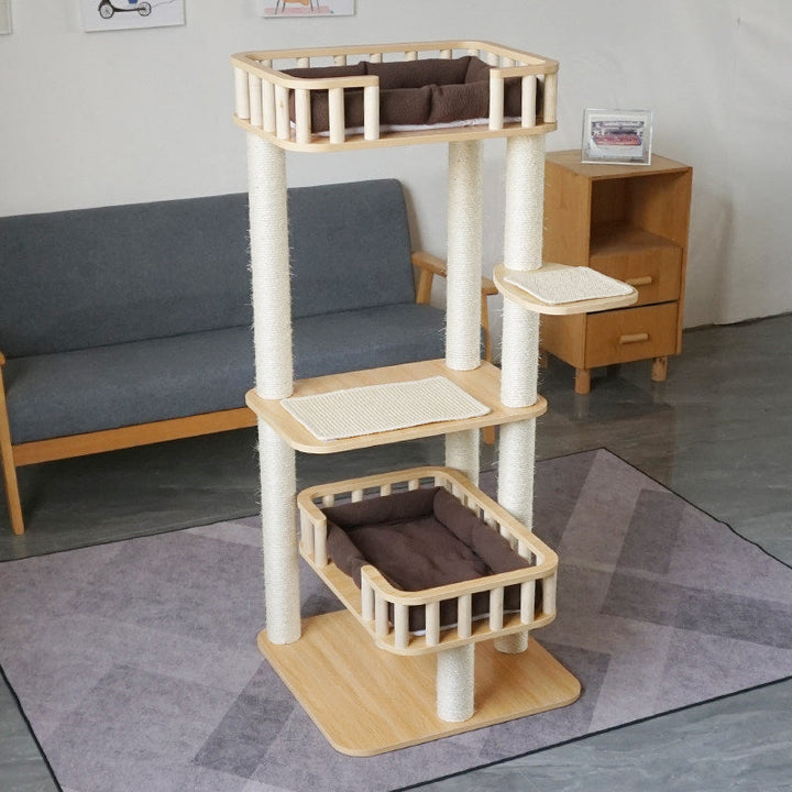Modern Scandinavian 4-Tier Solid Wood Cat Tree with Velvet Fabric-Orizon Depot