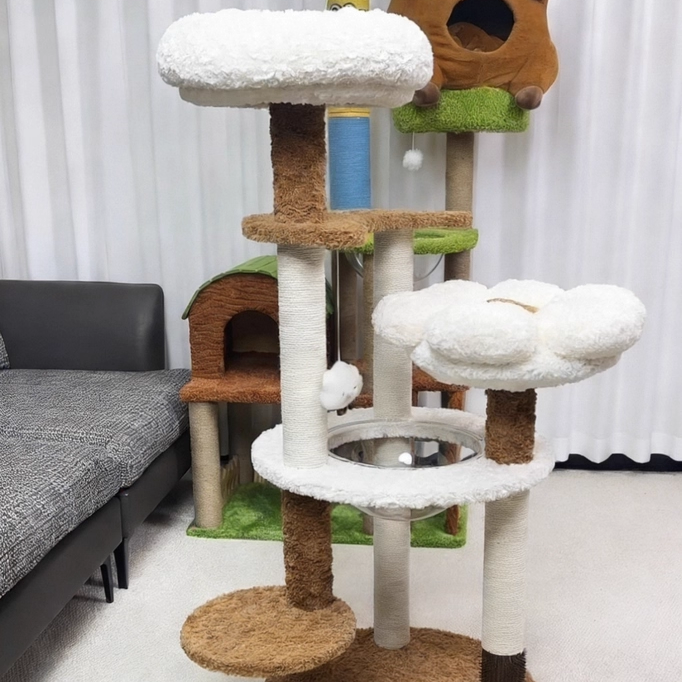 Scandinavian 5-Tier Cat Tree with Velvet Fabric and Hemp Rope-Orizon Depot