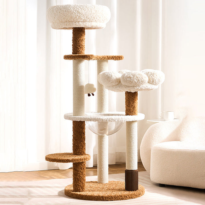 Scandinavian 5-Tier Cat Tree with Velvet Fabric and Hemp Rope-Orizon Depot