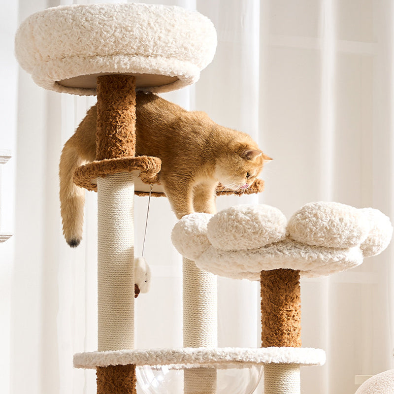 Scandinavian 5-Tier Cat Tree with Velvet Fabric and Hemp Rope-Orizon Depot