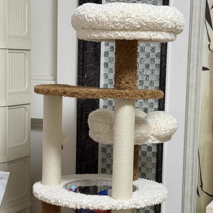 Scandinavian 5-Tier Cat Tree with Velvet Fabric and Hemp Rope-Orizon Depot