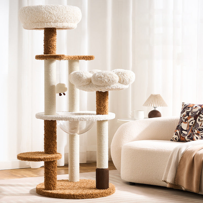 Scandinavian 5-Tier Cat Tree with Velvet Fabric and Hemp Rope-Orizon Depot
