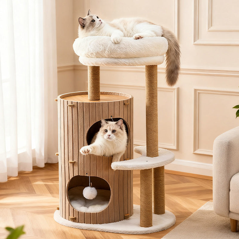 Scandinavian 4-Tier Cat Tree with Velvet Fabric and Hemp Rope-Orizon Depot