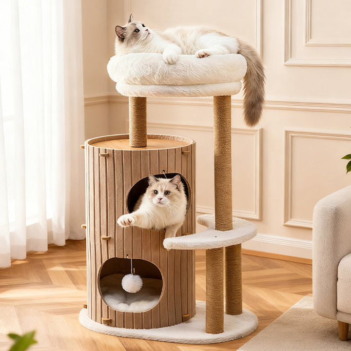 Scandinavian 4-Tier Cat Tree with Velvet Fabric and Hemp Rope-Orizon Depot