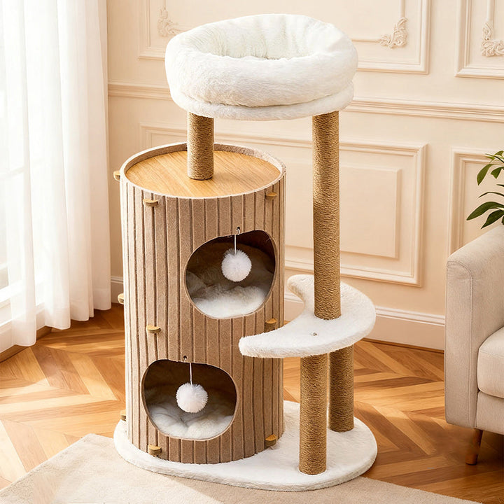 Scandinavian 4-Tier Cat Tree with Velvet Fabric and Hemp Rope-Orizon Depot