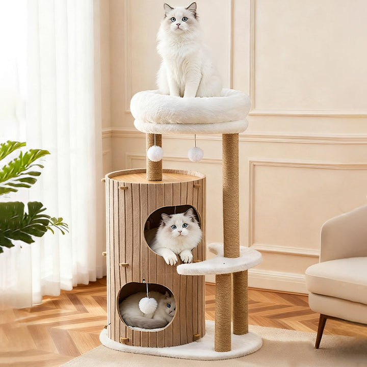Scandinavian 4-Tier Cat Tree with Velvet Fabric and Hemp Rope-Orizon Depot
