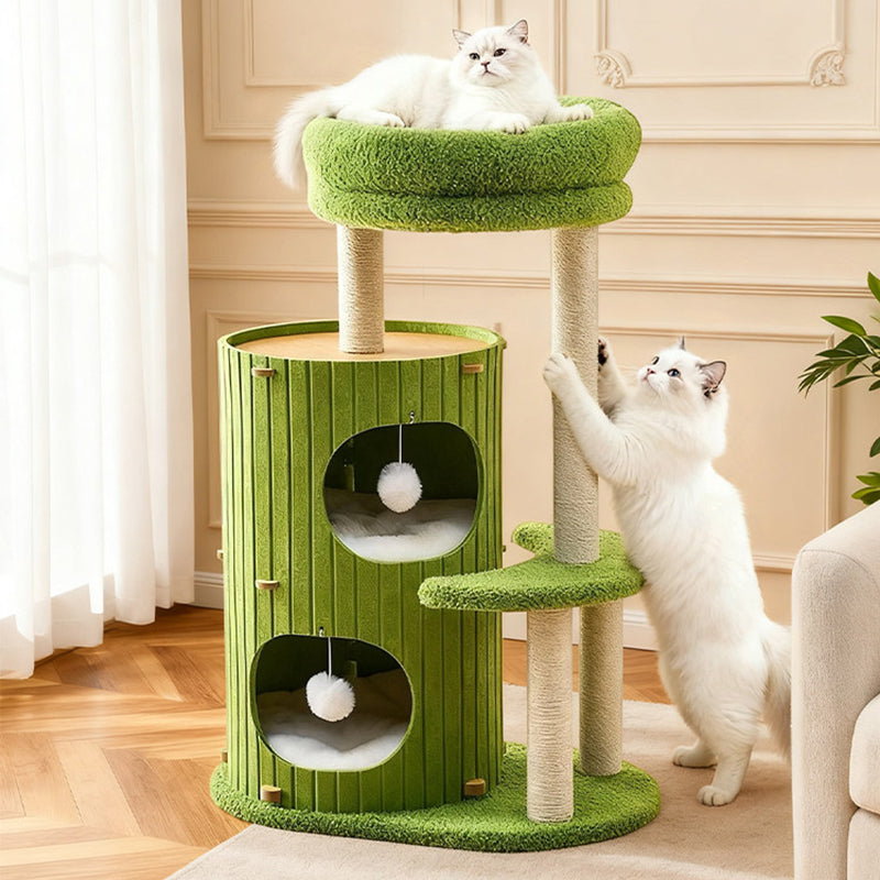 Scandinavian 4-Tier Cat Tree with Velvet Fabric and Hemp Rope-Orizon Depot