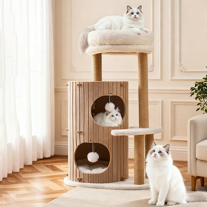 Scandinavian 4-Tier Cat Tree with Velvet Fabric and Hemp Rope-Orizon Depot