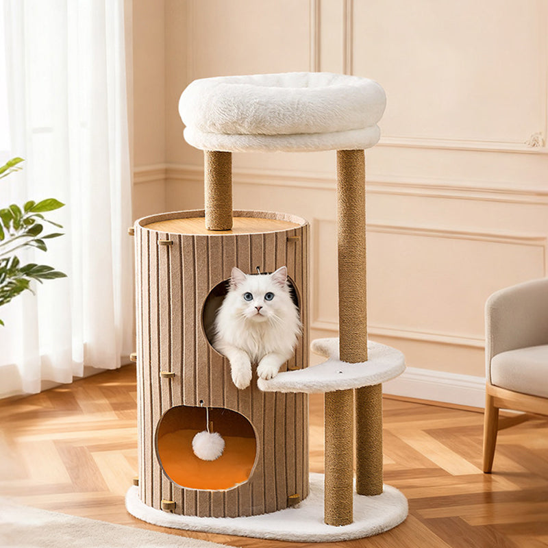 Scandinavian 4-Tier Cat Tree with Velvet Fabric and Hemp Rope-Orizon Depot