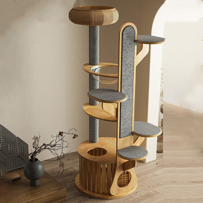 Modern Minimalist MDF Felt Round Cat Tree with Condos and Scratching Board-Orizon Depot