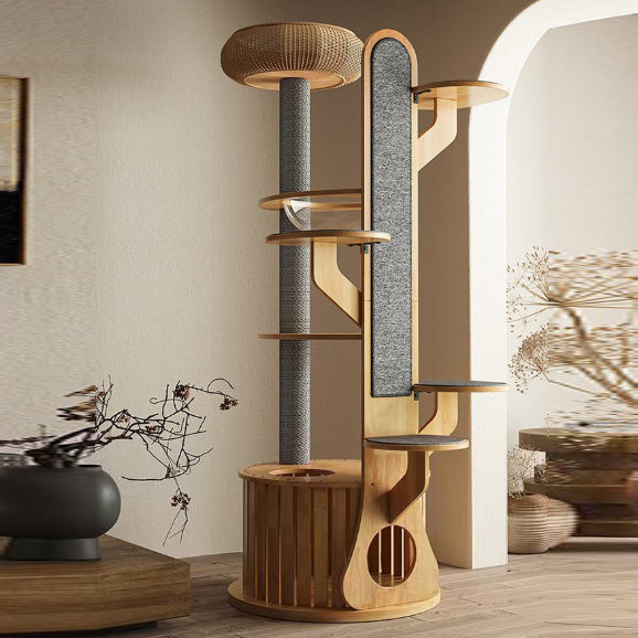 Modern Minimalist MDF Felt Round Cat Tree with Condos and Scratching Board-Orizon Depot