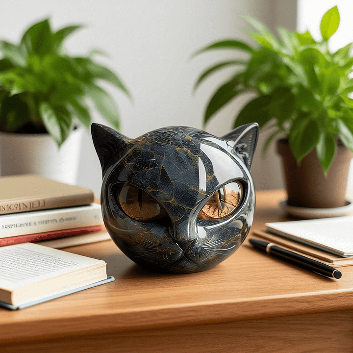 Black Cat Head Sculpture with Hypnotic Eyes – Noir Design-Orizon Depot