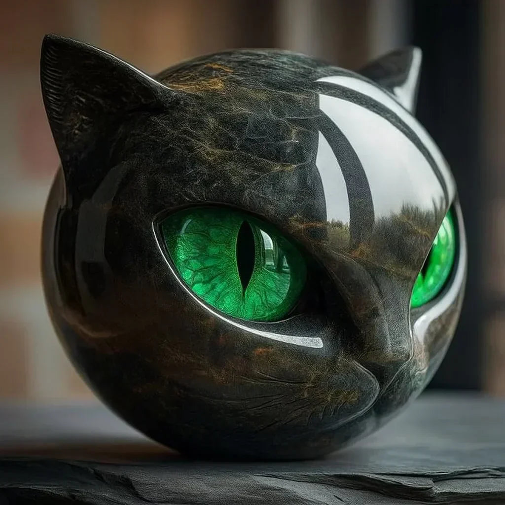 Black Cat Head Sculpture with Hypnotic Eyes – Noir Design-Orizon Depot
