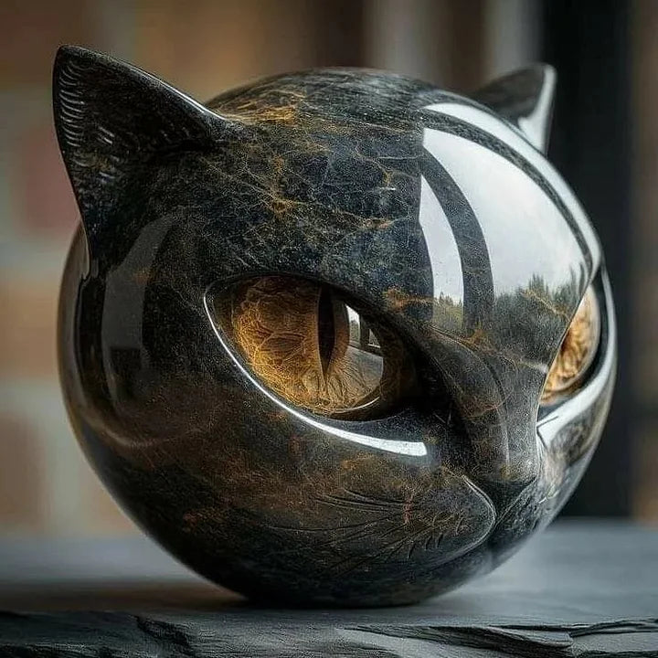 Black Cat Head Sculpture with Hypnotic Eyes – Noir Design-Orizon Depot