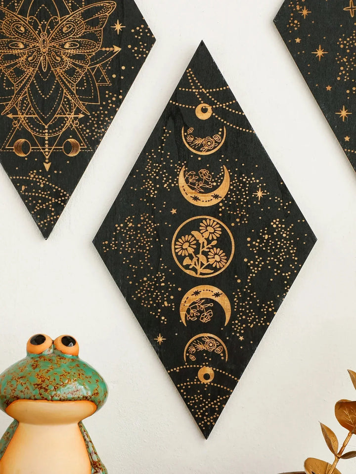 Black Moon Phases Wooden Wall Art - Boho Home Decor Tapestry Gift-Orizon Depot