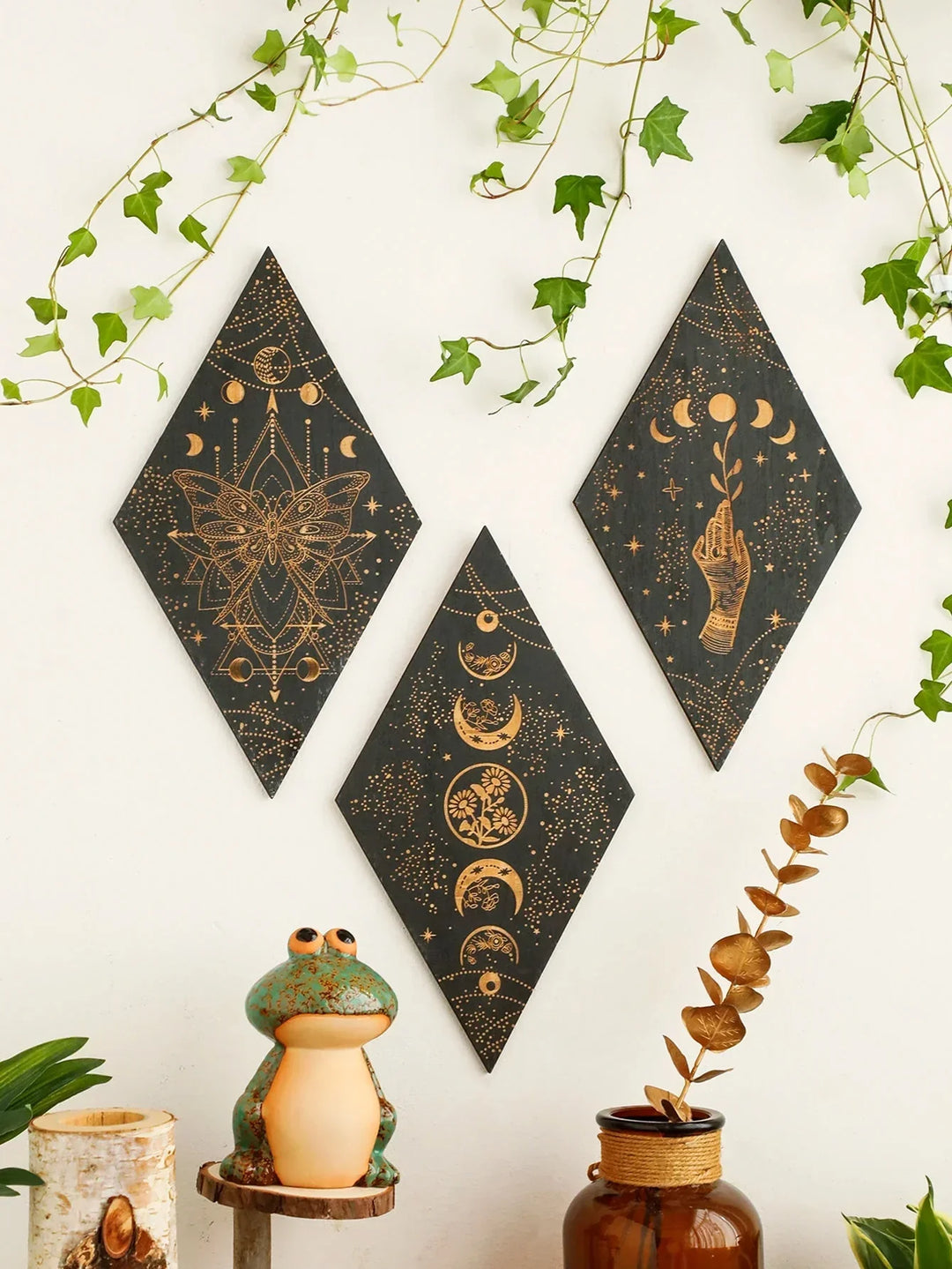 Black Moon Phases Wooden Wall Art - Boho Home Decor Tapestry Gift-Orizon Depot