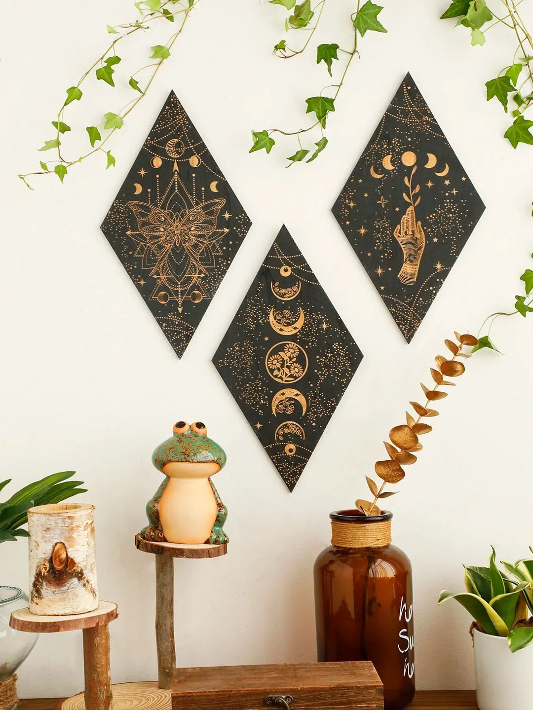 Black Moon Phases Wooden Wall Art - Boho Home Decor Tapestry Gift-Orizon Depot