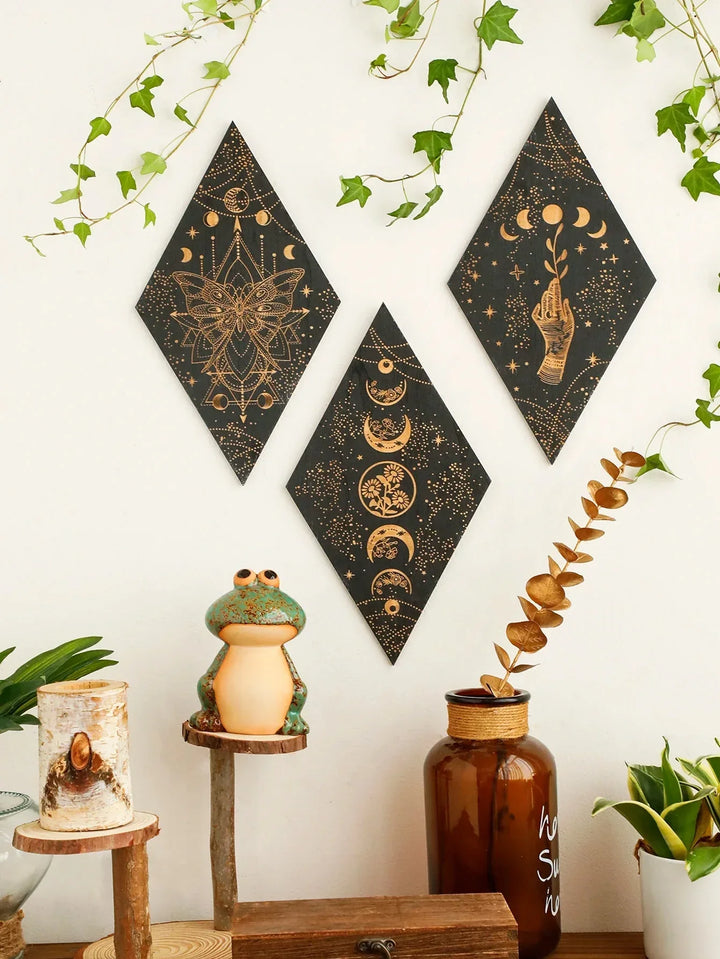 Black Moon Phases Wooden Wall Art - Boho Home Decor Tapestry Gift-Orizon Depot