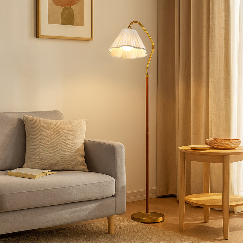 Japanese Vintage Flower Solid Wood Iron Fabric 1-Light Pedestal Floor Lamp-Orizon Depot