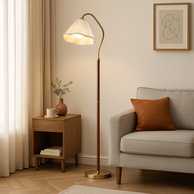 Japanese Vintage Flower Solid Wood Iron Fabric 1-Light Pedestal Floor Lamp-Orizon Depot