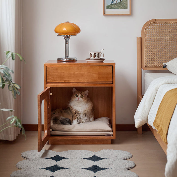 Modern Rectangular Rubberwood Cat Bed Nightstand with 1 Drawer-Orizon Depot