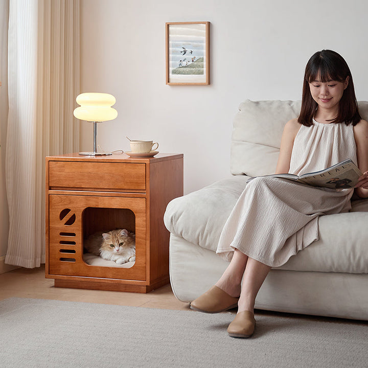 Modern Rectangular Rubberwood Cat Bed Nightstand with 1 Drawer-Orizon Depot