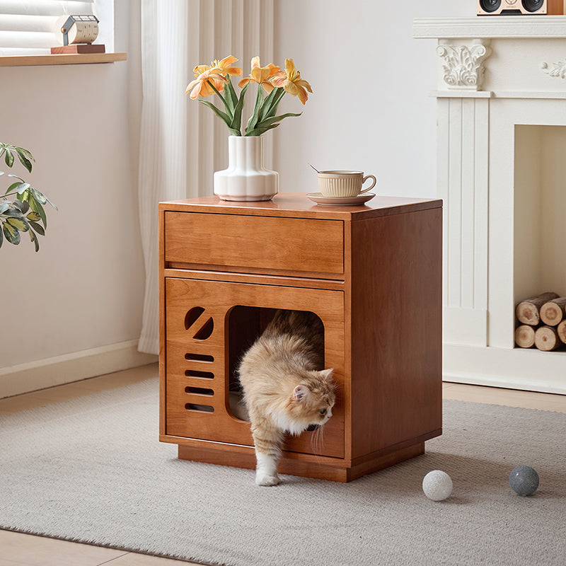 Modern Rectangular Rubberwood Cat Bed Nightstand with 1 Drawer-Orizon Depot