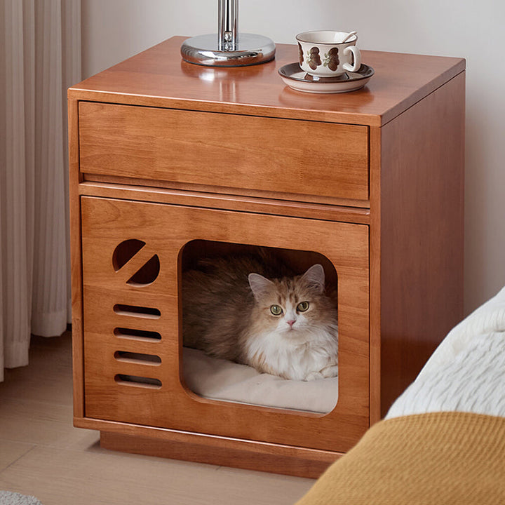 Modern Rectangular Rubberwood Cat Bed Nightstand with 1 Drawer-Orizon Depot