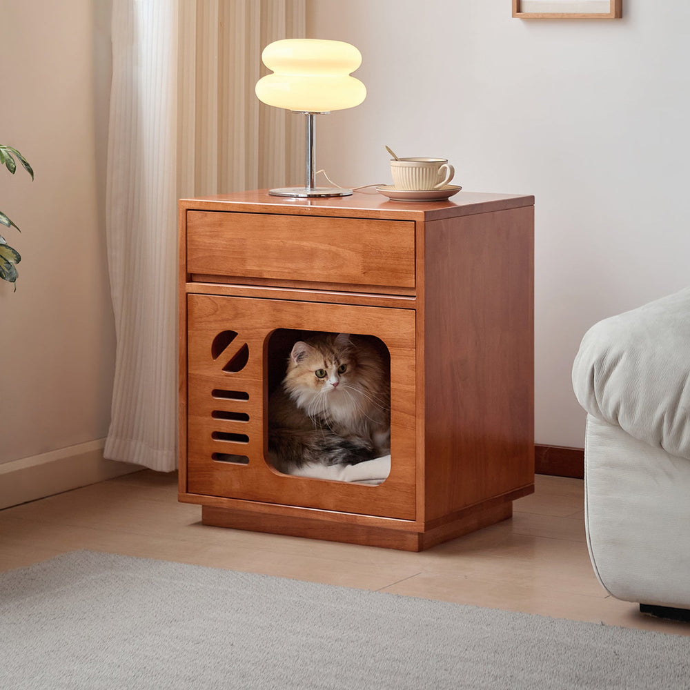 Modern Rectangular Rubberwood Cat Bed Nightstand with 1 Drawer-Orizon Depot