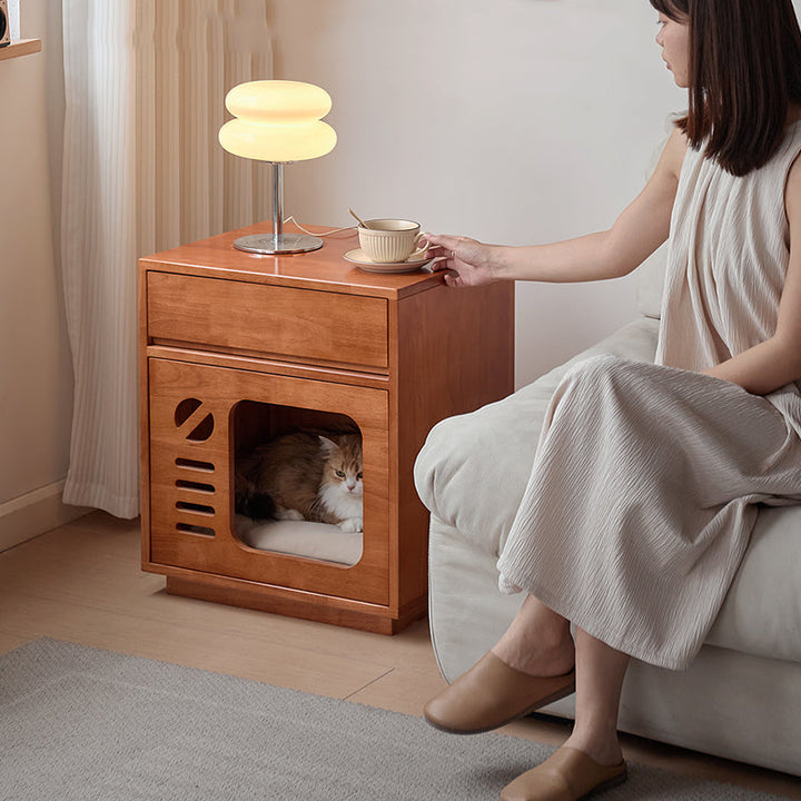 Modern Rectangular Rubberwood Cat Bed Nightstand with 1 Drawer-Orizon Depot