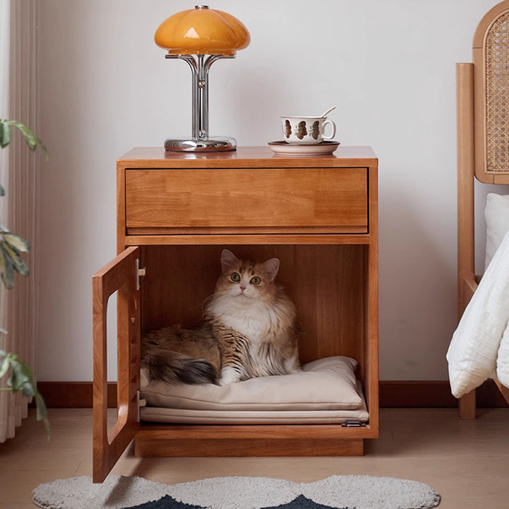 Modern Rectangular Rubberwood Cat Bed Nightstand with 1 Drawer-Orizon Depot