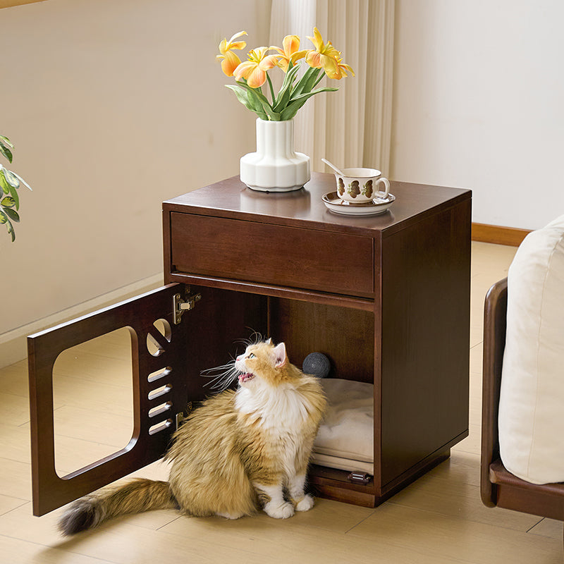 Modern Rectangular Rubberwood Cat Bed Nightstand with 1 Drawer-Orizon Depot