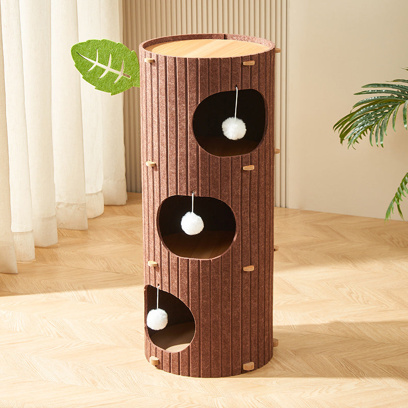 Rustic Cylindrical Tree Hole Cat Tower with Felt Sherpa Fleece-Orizon Depot