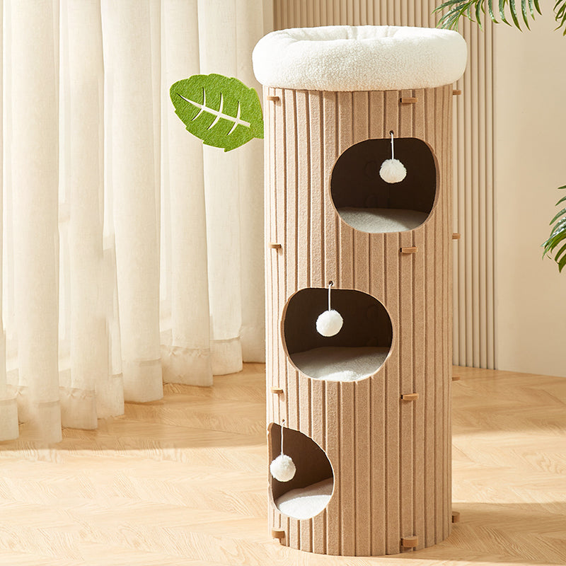 Rustic Cylindrical Tree Hole Cat Tower with Felt Sherpa Fleece-Orizon Depot