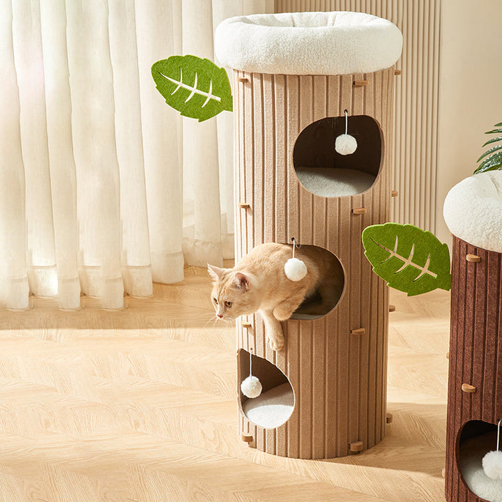 Rustic Cylindrical Tree Hole Cat Tower with Felt Sherpa Fleece-Orizon Depot