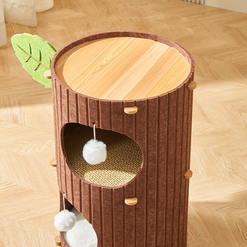 Rustic Cylindrical Tree Hole Cat Tower with Felt Sherpa Fleece-Orizon Depot