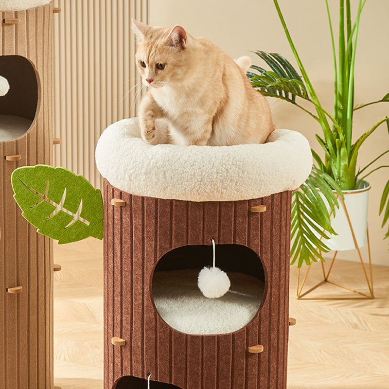Rustic Cylindrical Tree Hole Cat Tower with Felt Sherpa Fleece-Orizon Depot