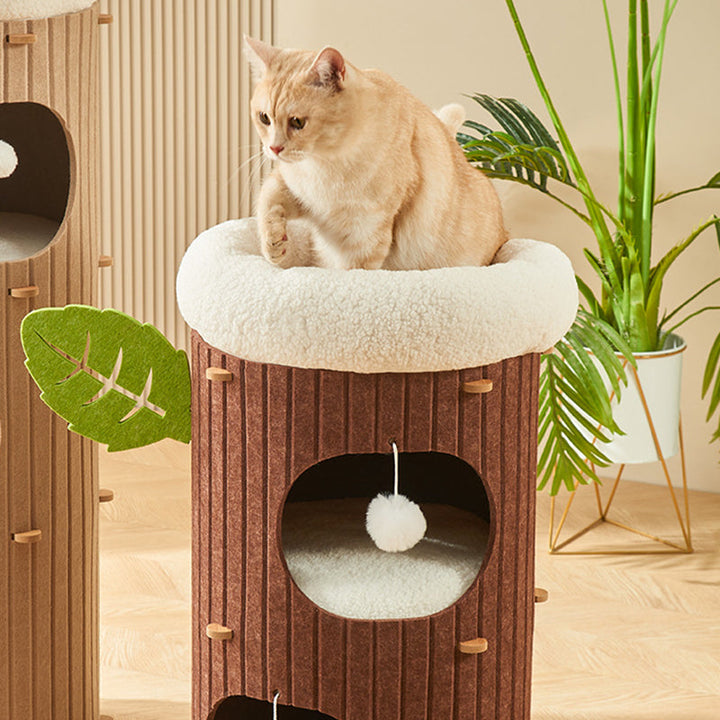 Rustic Cylindrical Tree Hole Cat Tower with Felt Sherpa Fleece-Orizon Depot