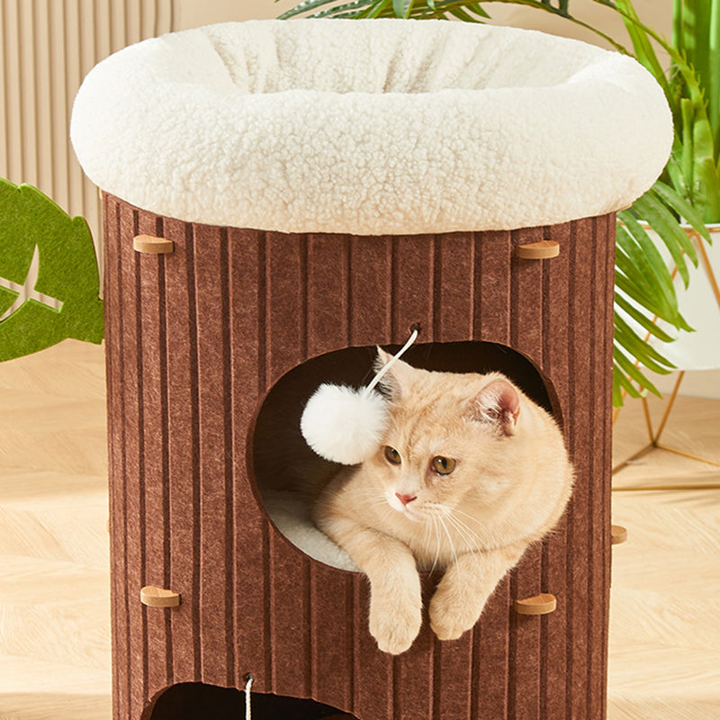 Rustic Cylindrical Tree Hole Cat Tower with Felt Sherpa Fleece-Orizon Depot