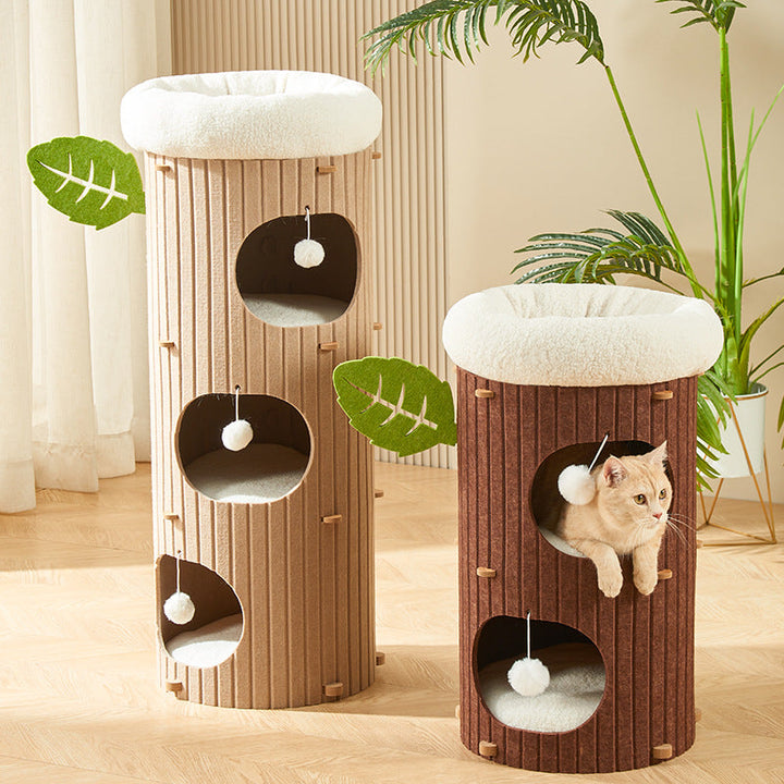 Rustic Cylindrical Tree Hole Cat Tower with Felt Sherpa Fleece-Orizon Depot