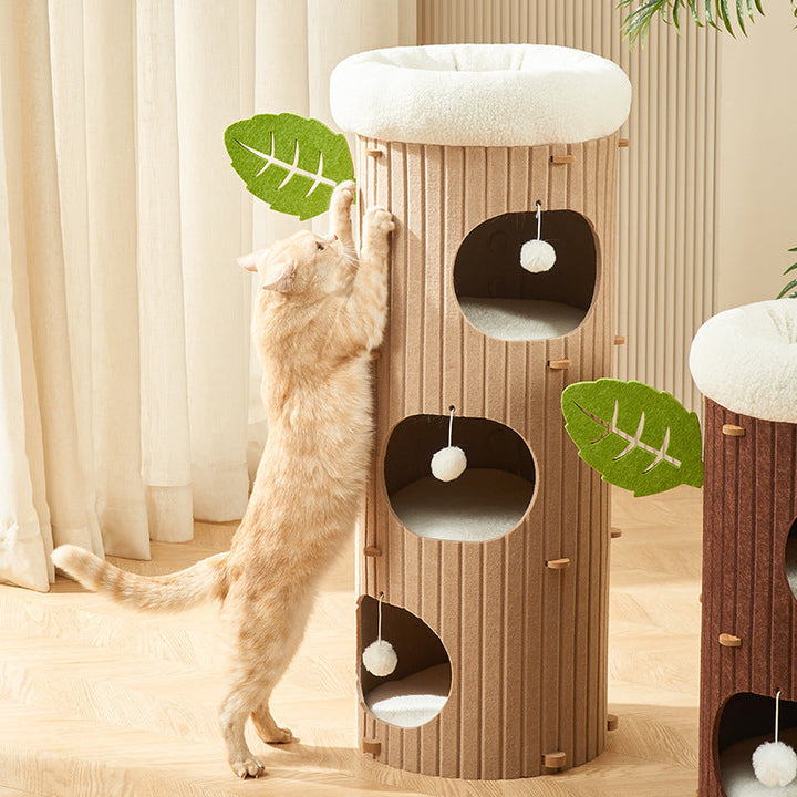 Rustic Cylindrical Tree Hole Cat Tower with Felt Sherpa Fleece-Orizon Depot