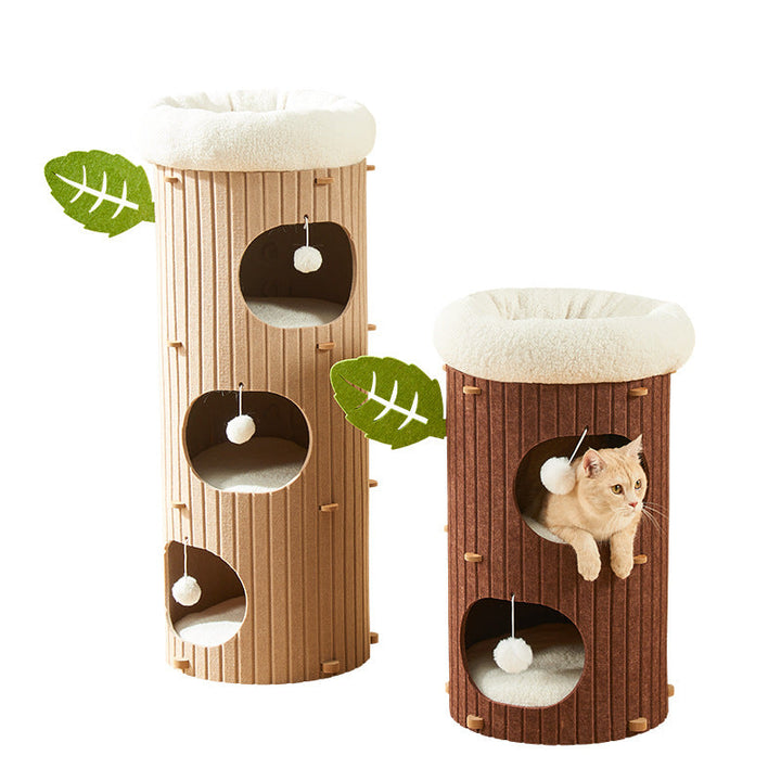 Rustic Cylindrical Tree Hole Cat Tower with Felt Sherpa Fleece-Orizon Depot