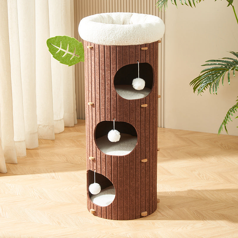Rustic Cylindrical Tree Hole Cat Tower with Felt Sherpa Fleece-Orizon Depot