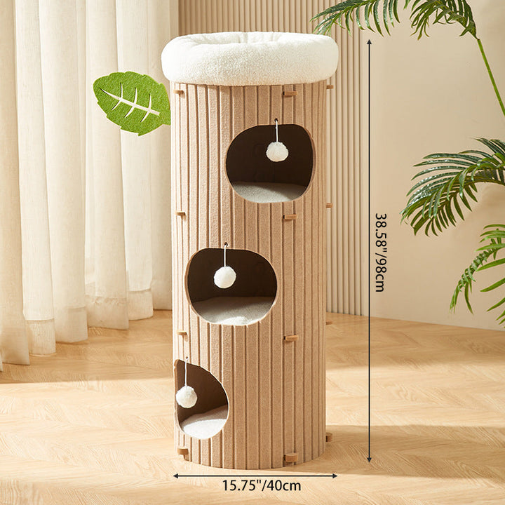 Rustic Cylindrical Tree Hole Cat Tower with Felt Sherpa Fleece-Orizon Depot