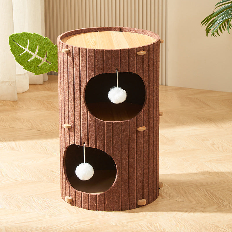 Rustic Cylindrical Tree Hole Cat Tower with Felt Sherpa Fleece-Orizon Depot