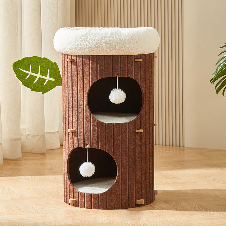 Rustic Cylindrical Tree Hole Cat Tower with Felt Sherpa Fleece-Orizon Depot