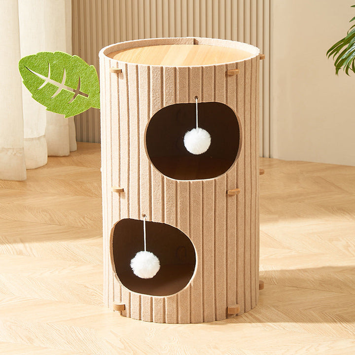Rustic Cylindrical Tree Hole Cat Tower with Felt Sherpa Fleece-Orizon Depot