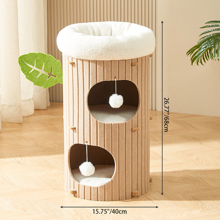Rustic Cylindrical Tree Hole Cat Tower with Felt Sherpa Fleece-Orizon Depot